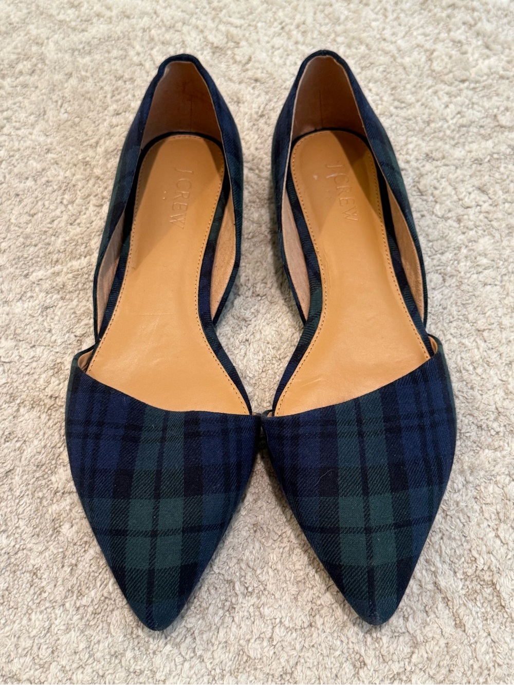 J. Crew navy and green tartan plaid d'Orsay flats featuring a pointed toe Size 8